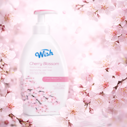 Wish Cherry Blossom product with cherry blossom flowers in the background