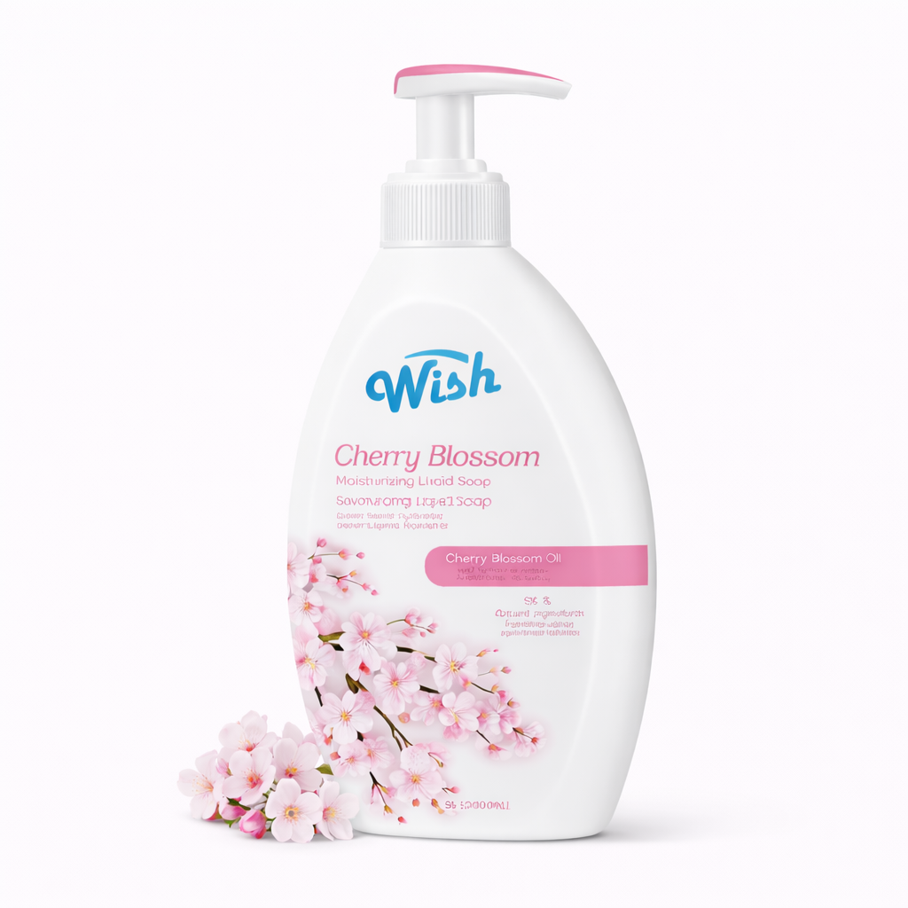 White bottle of 'Wish' Cherry Blossom hand soap with cherry blossom design on a white background