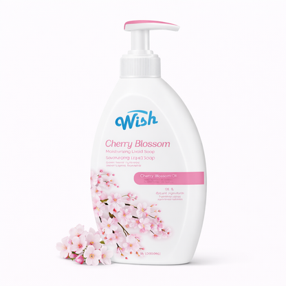 White bottle of 'Wish' Cherry Blossom hand soap with cherry blossom design on a white background