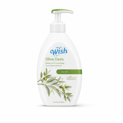 White bottle of Wish Olive Oasis liquid soap with olive leaf design on a white background