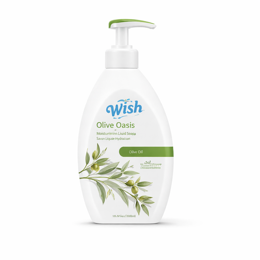 White bottle of Wish Olive Oasis liquid soap with olive leaf design on a white background