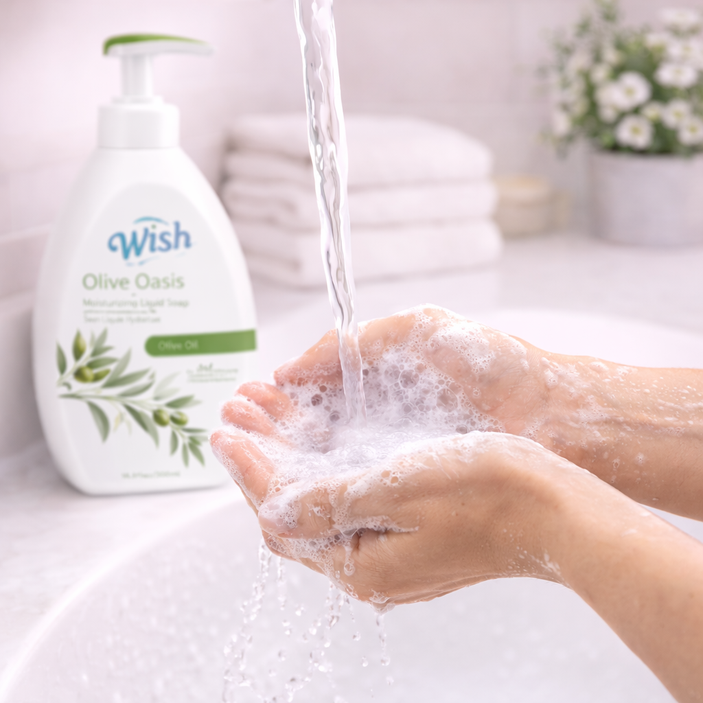 Person washing hands with a bottle of 'Wish' olive oil soap in the background.