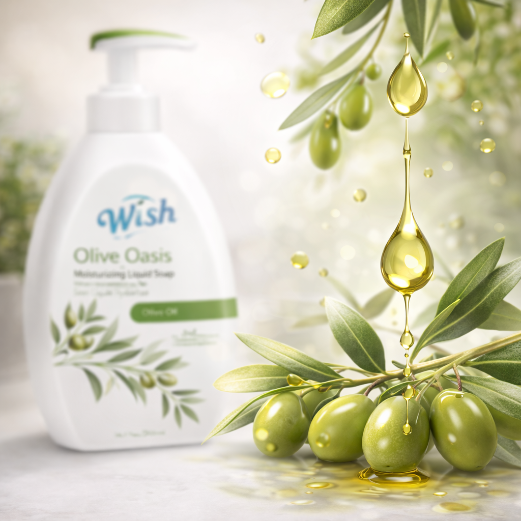 White bottle of 'Wish Olive Oasis' liquid soap with olive oil droplets and leaves on a light background