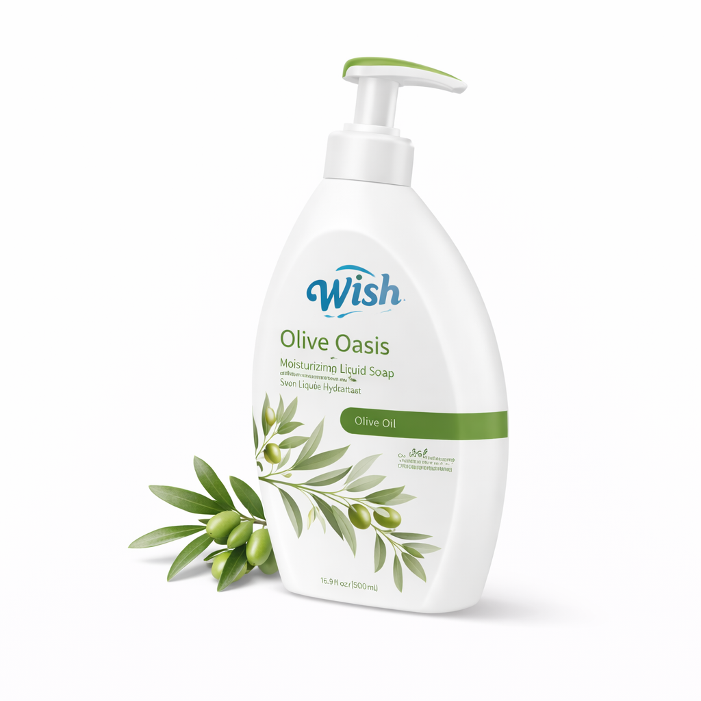 White bottle of Wish Olive Oasis liquid soap with olive leaves on a white background