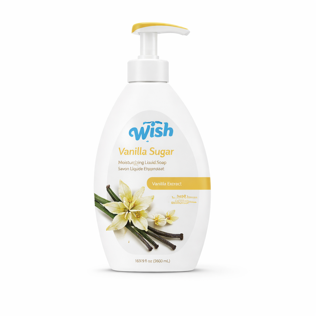 White bottle of Wish Vanilla Sugar liquid soap with pump on a white background