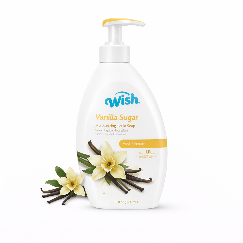 White bottle of Wish Vanilla Sugar liquid soap with vanilla flowers and beans on a white background