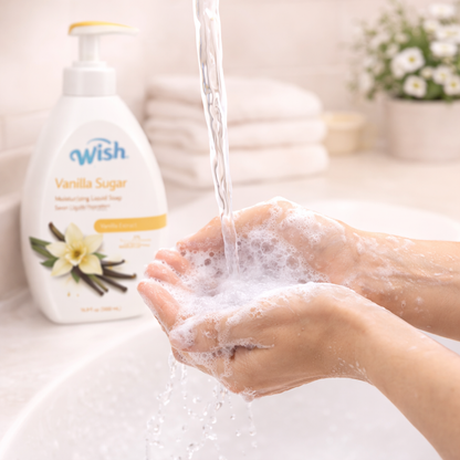 Person washing hands with a bottle of Wish Vanilla Sugar soap in the background.