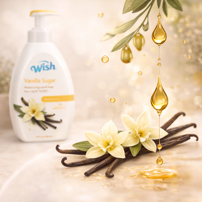 Vanilla sugar product with vanilla flowers and oil droplets on a light background