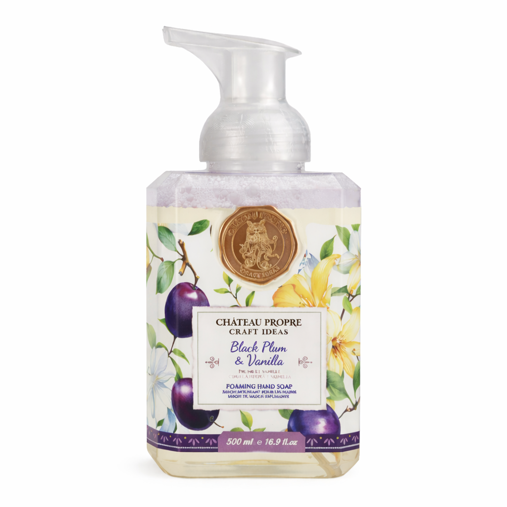 Foaming hand soap bottle with floral design and brand logo on a white background