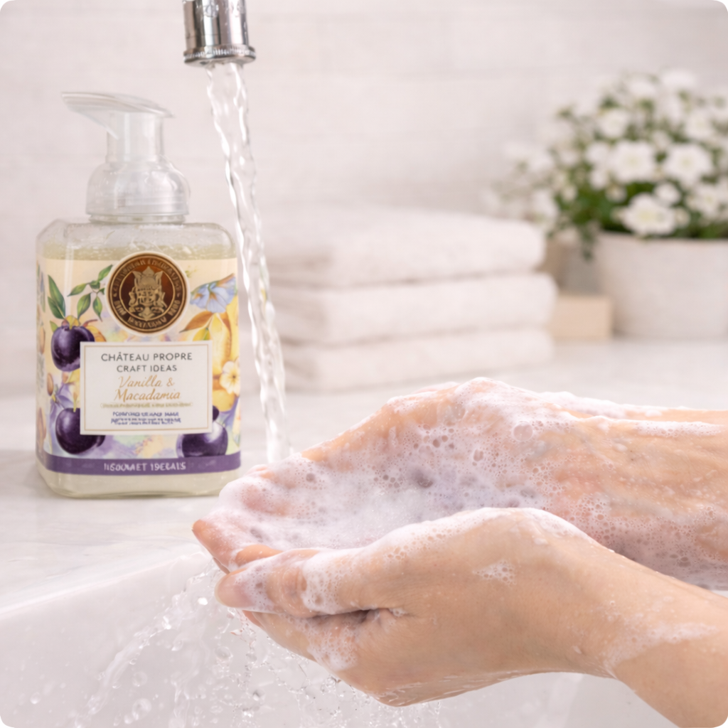 Hand washing with soap and water, with a bottle of soap in the foreground.