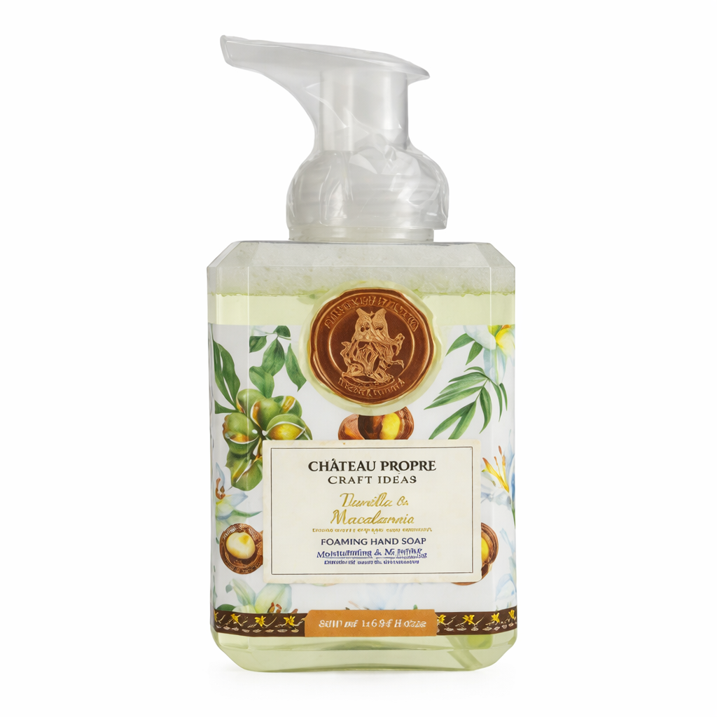 Foaming hand soap bottle with decorative label on a white background