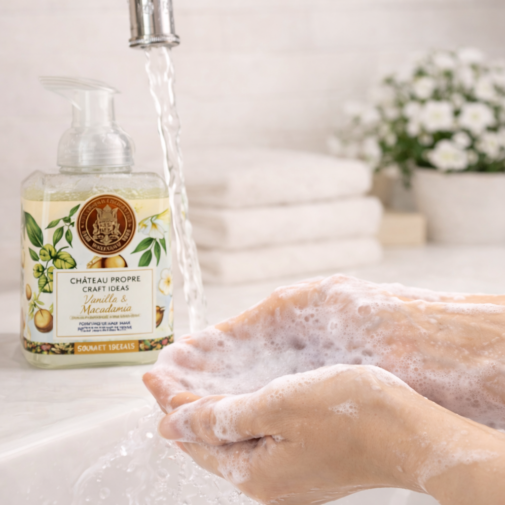 Hand washing with a bottle of soap labeled 'Chateau Prope' in a bathroom setting.