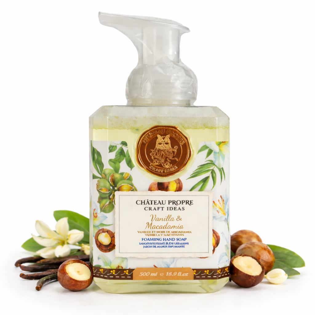 Foaming hand soap bottle with vanilla and macadamia design on a white background