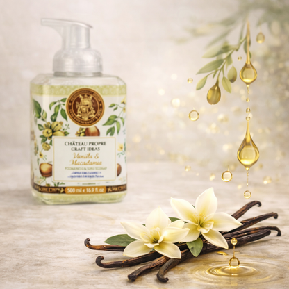 Bottle of Château Propère craft product with vanilla beans and flowers on a wooden surface.