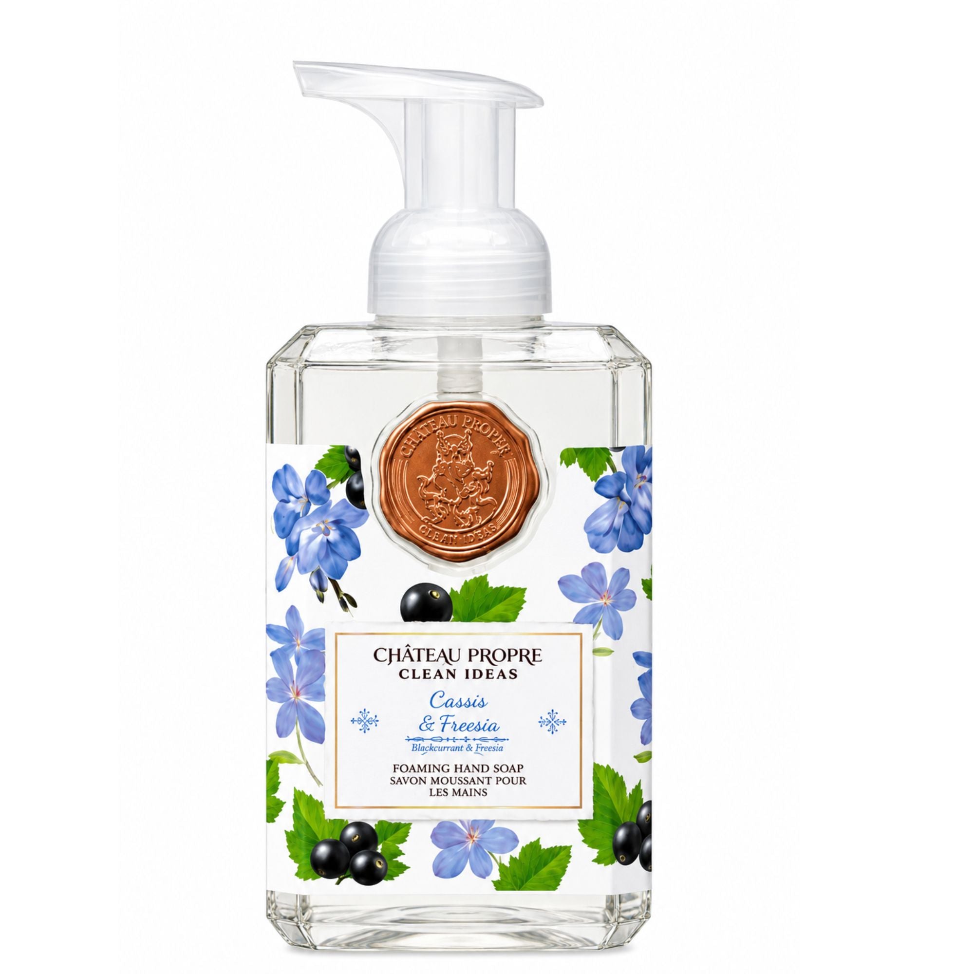Foaming hand soap bottle with floral design and brand logo on a white background