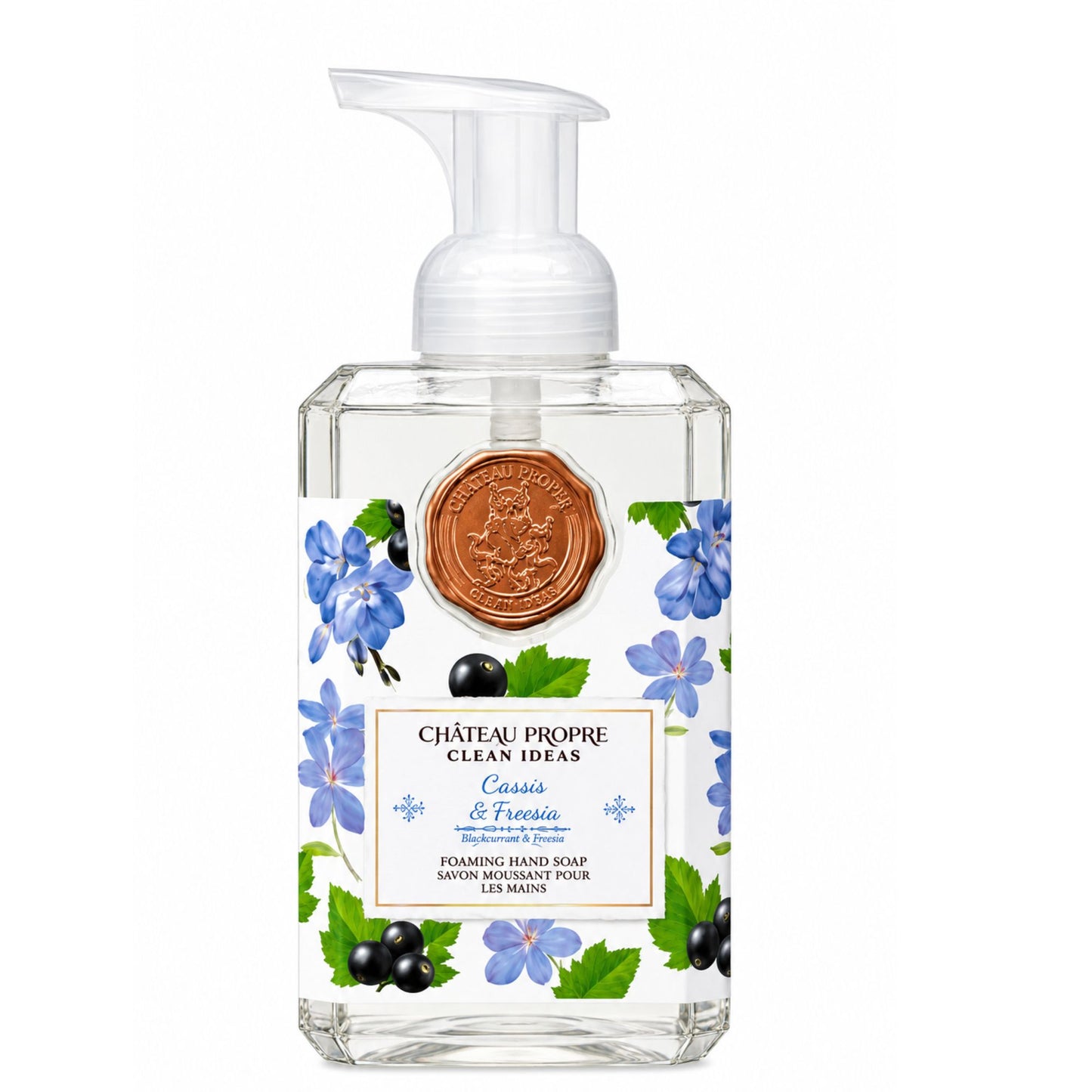 Foaming hand soap bottle with floral design and brand logo on a white background