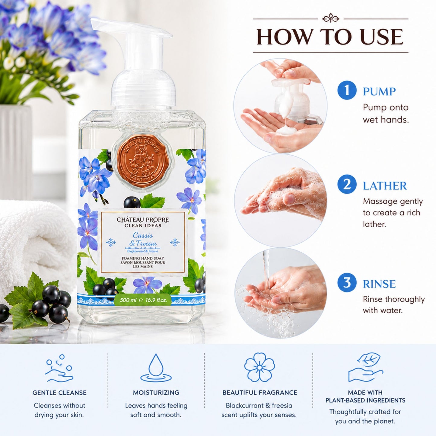 Foaming hand soap bottle with usage instructions and product features on a white background