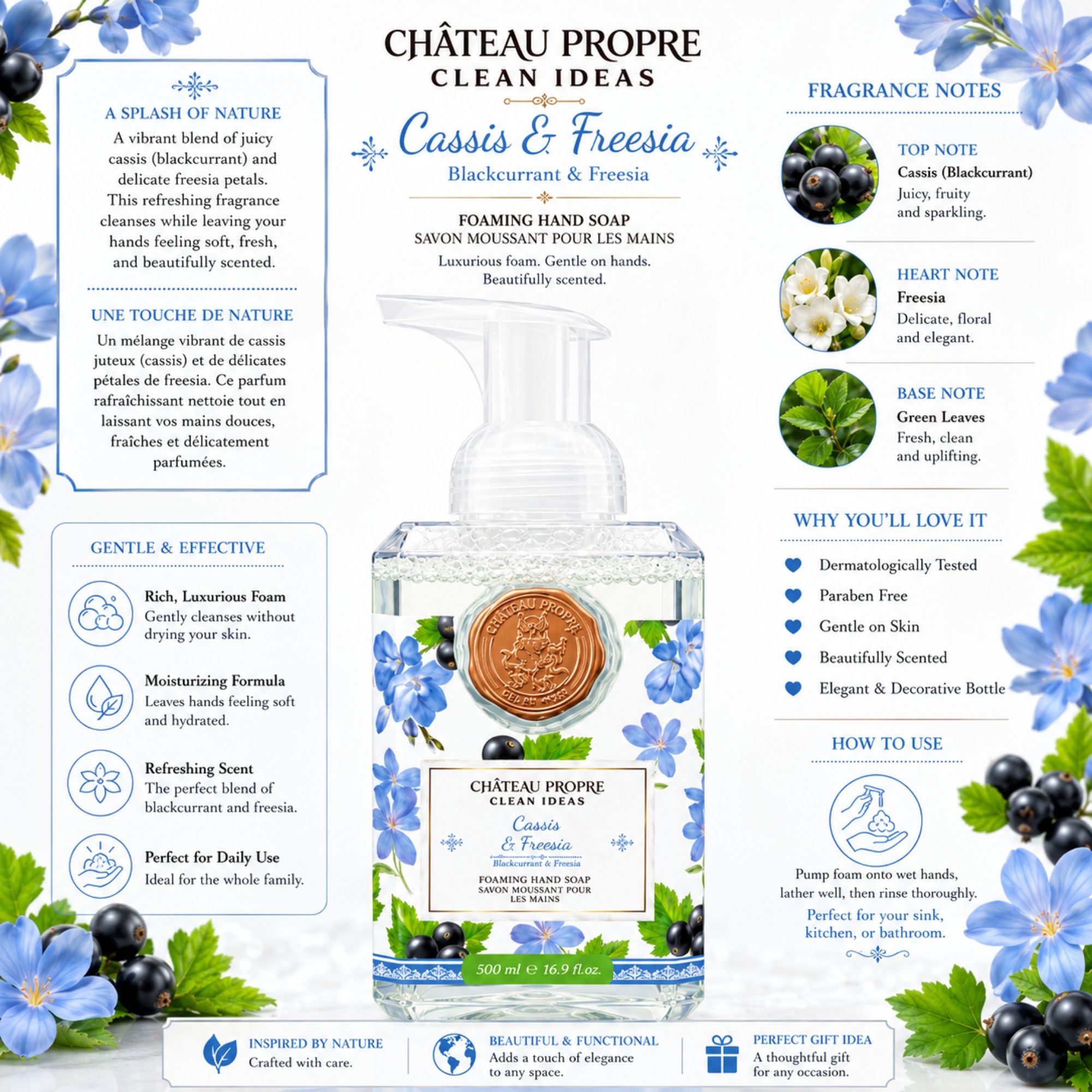 Château Propre hand soap packaging with product details and branding.