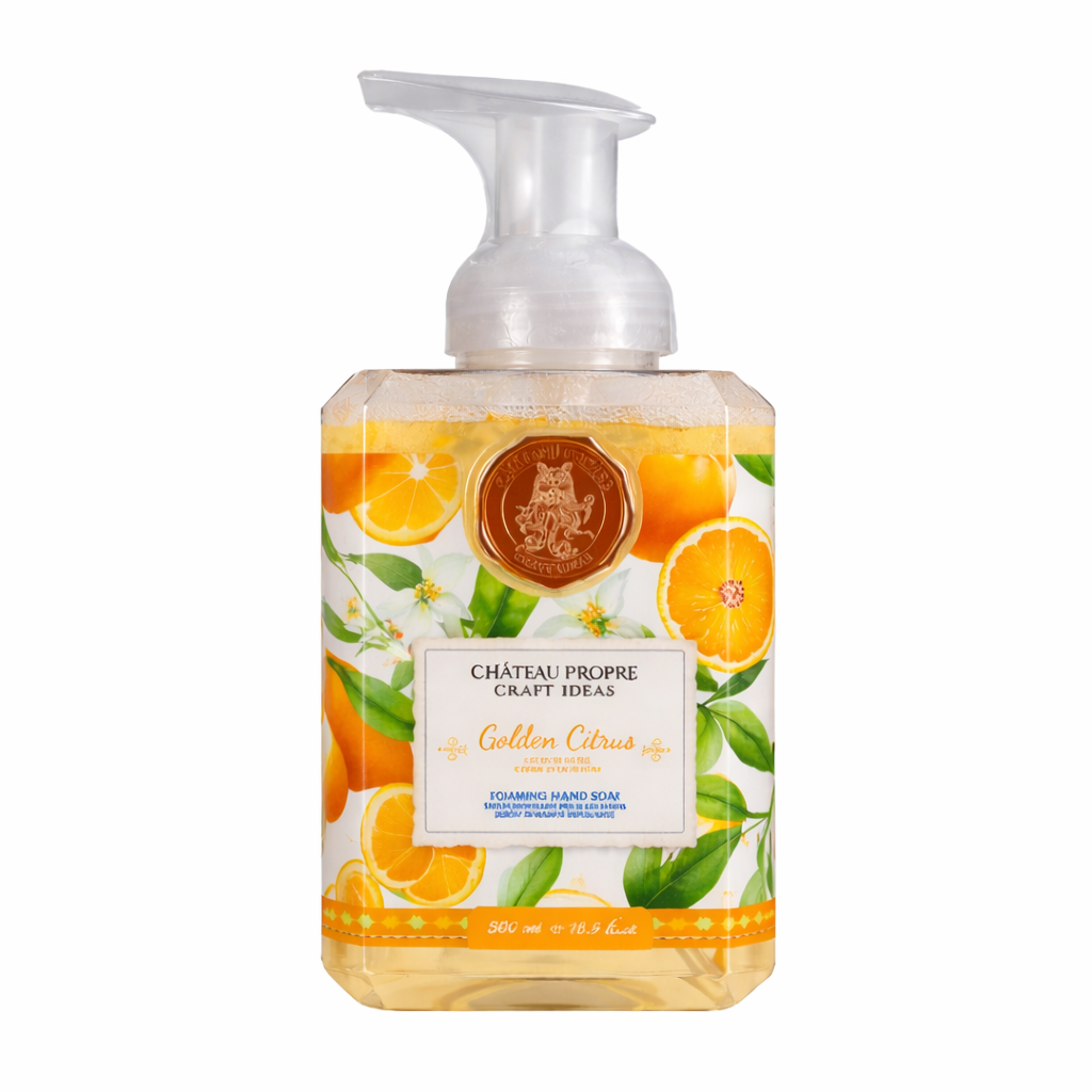 Foaming hand soap bottle with orange and green design on a white background