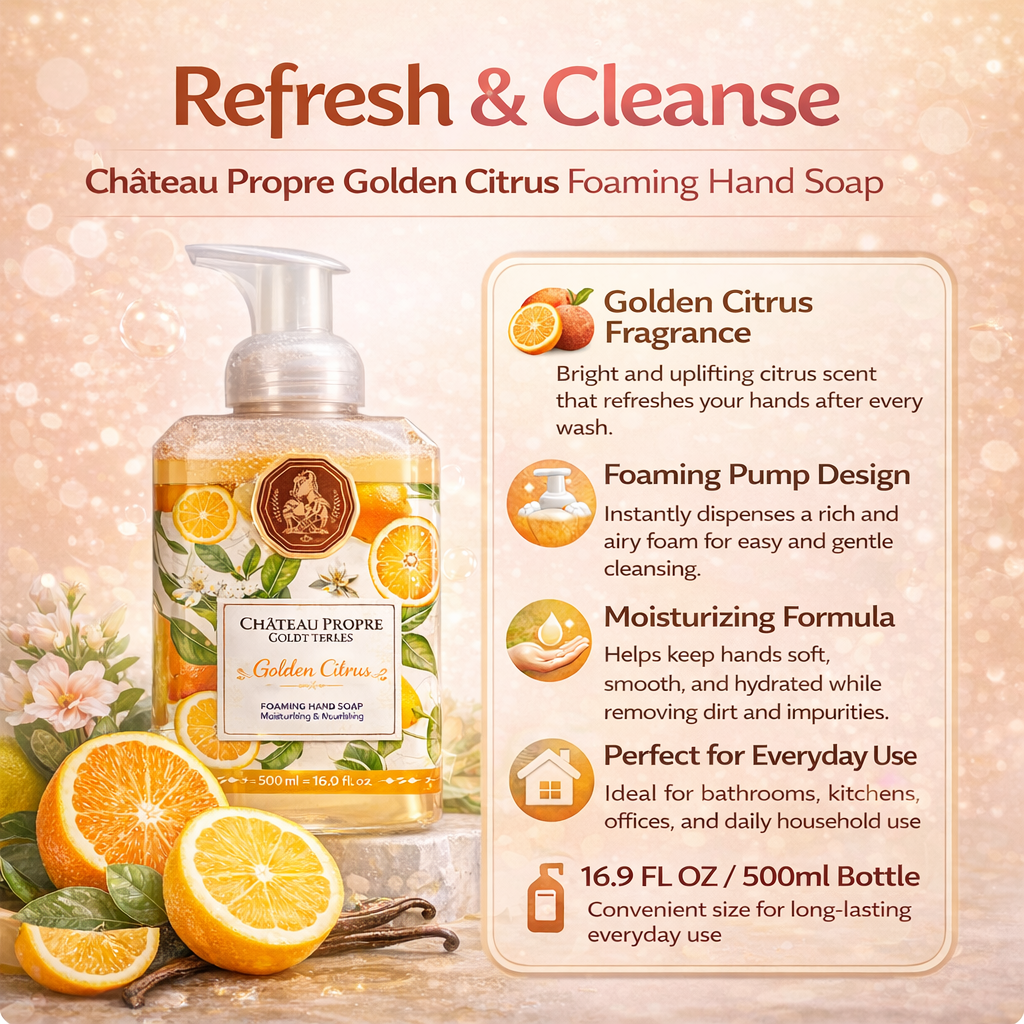 Château Propre Golden Citrus Foaming Hand Soap with product details on a decorative background