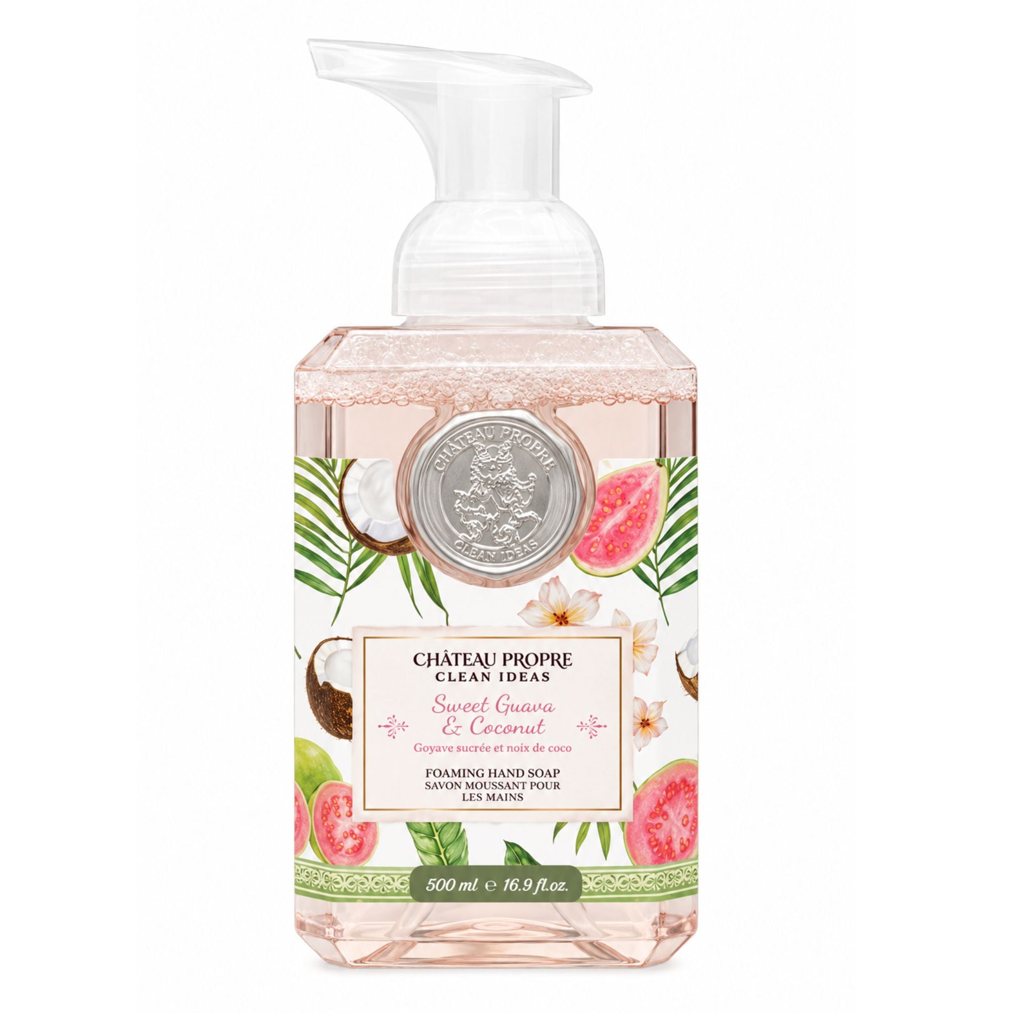 Foaming hand soap bottle with tropical design on a white background