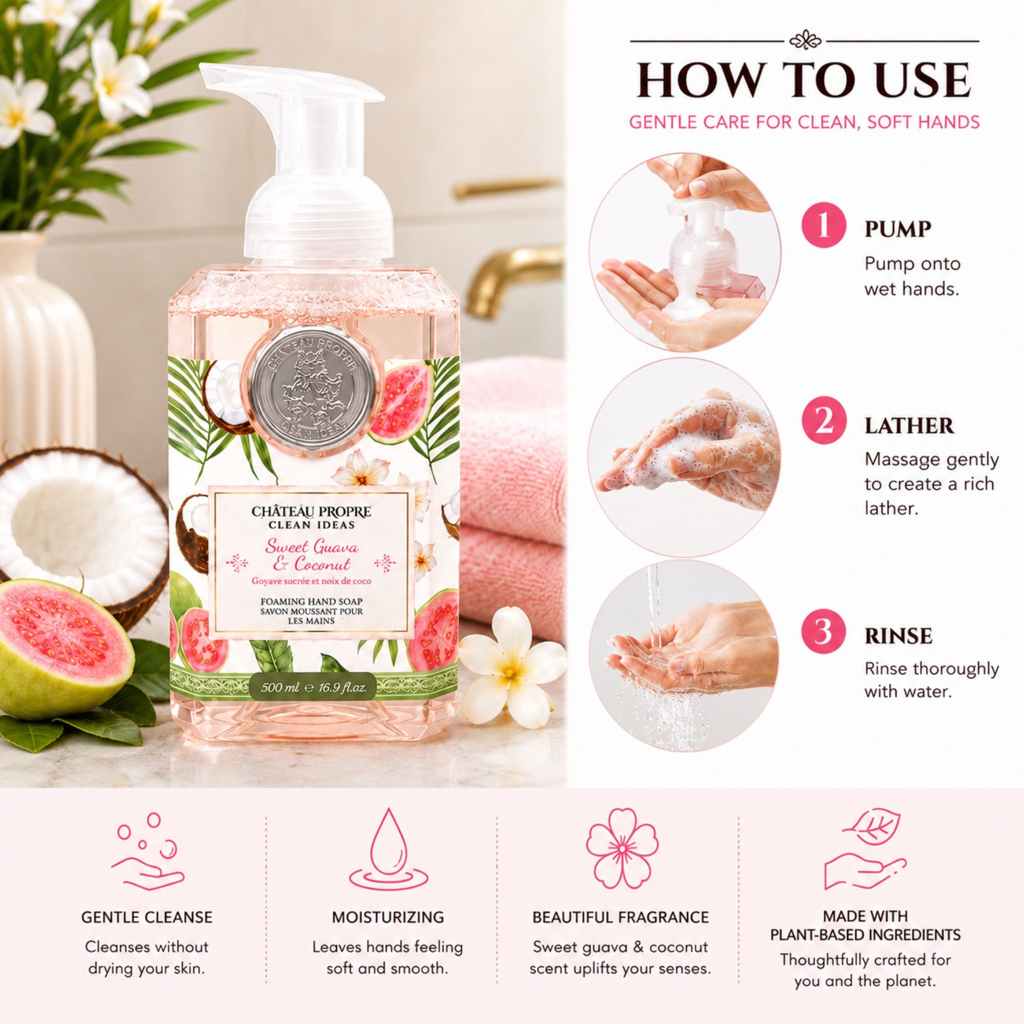 Hand soap bottle with usage instructions and product features on a bathroom counter.