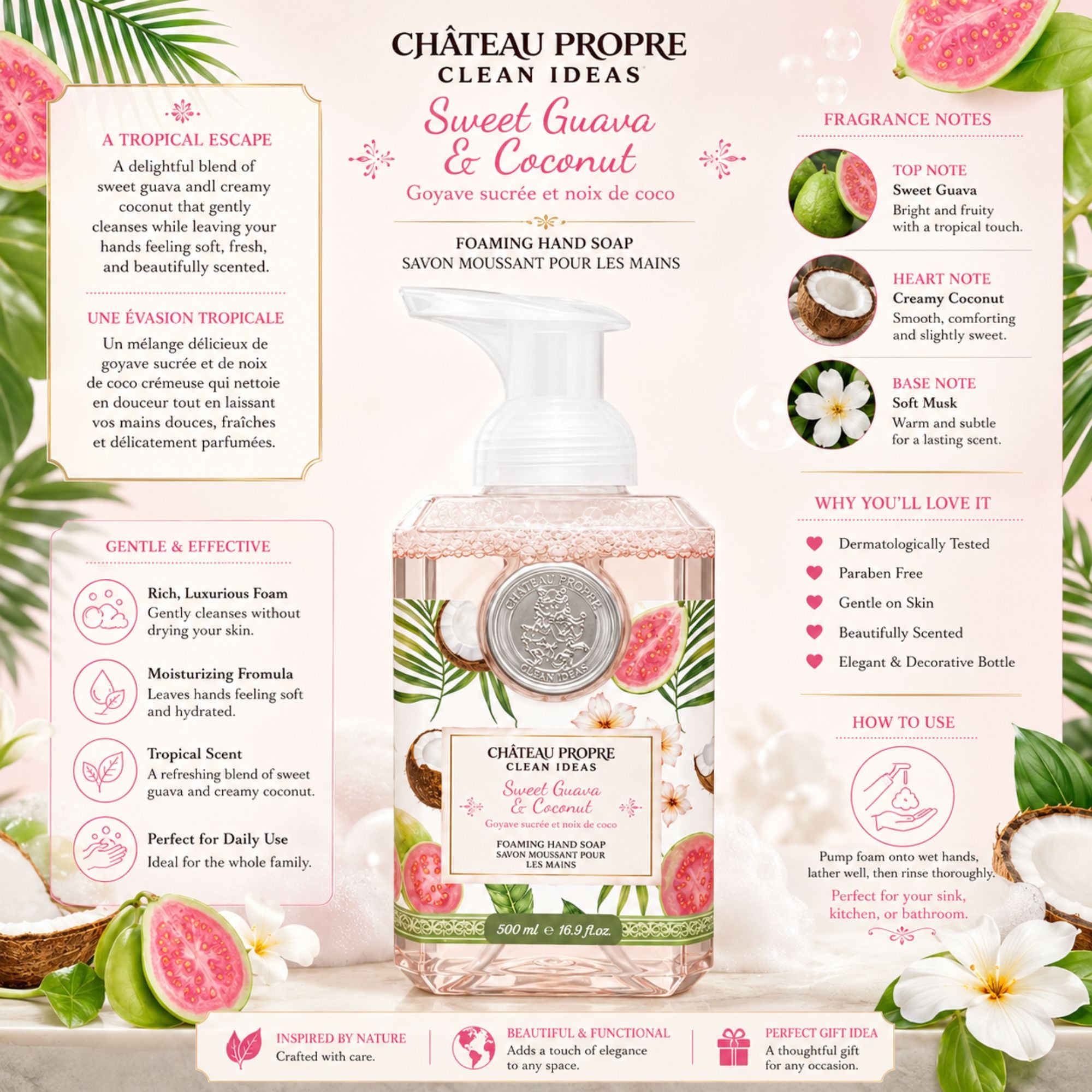 Château Propre Sweet Guava & Coconut foaming hand soap with product details and ingredients.