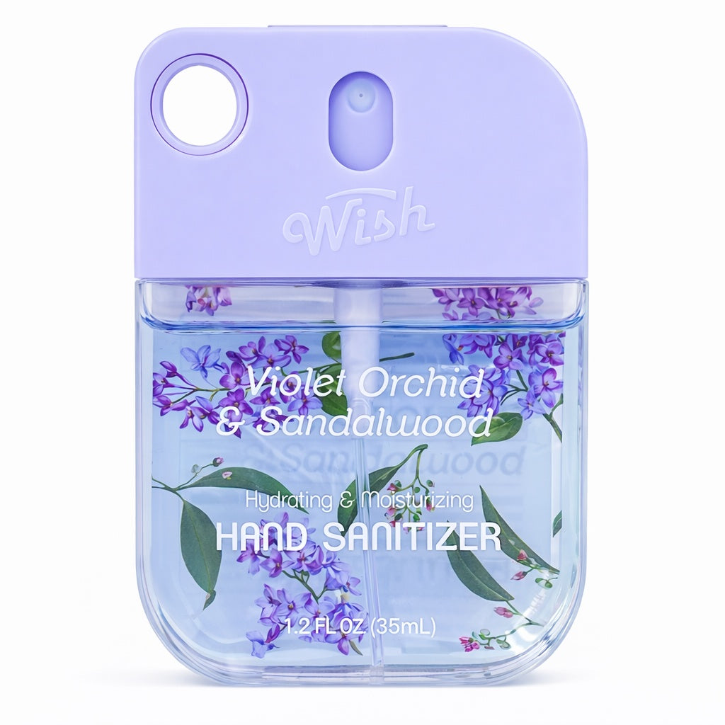 Hand sanitizer bottle with floral design and 'Wish' branding on a white background