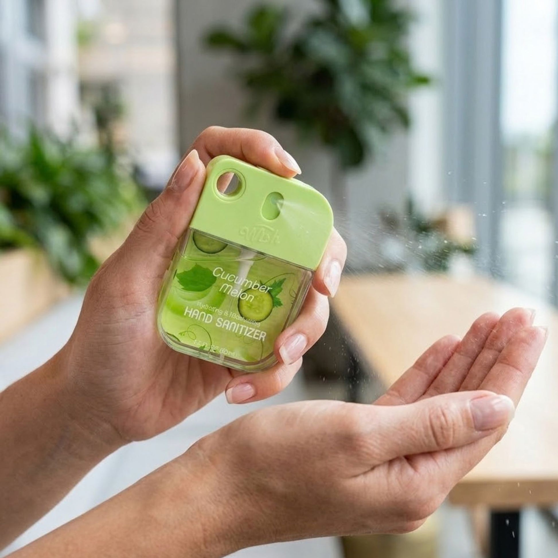 Hand using a small green hand sanitizer bottle with a blurred indoor background