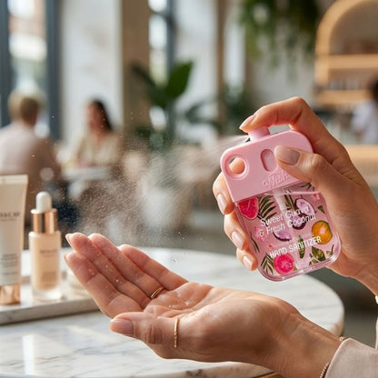 Hand using a pink hand sanitizer with floral design in a blurred indoor setting