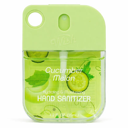 Green hand sanitizer bottle with cucumber and melon design on a white background