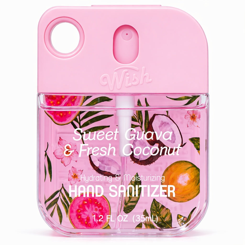 Pink hand sanitizer bottle with floral design and 'Wish' branding on a white background