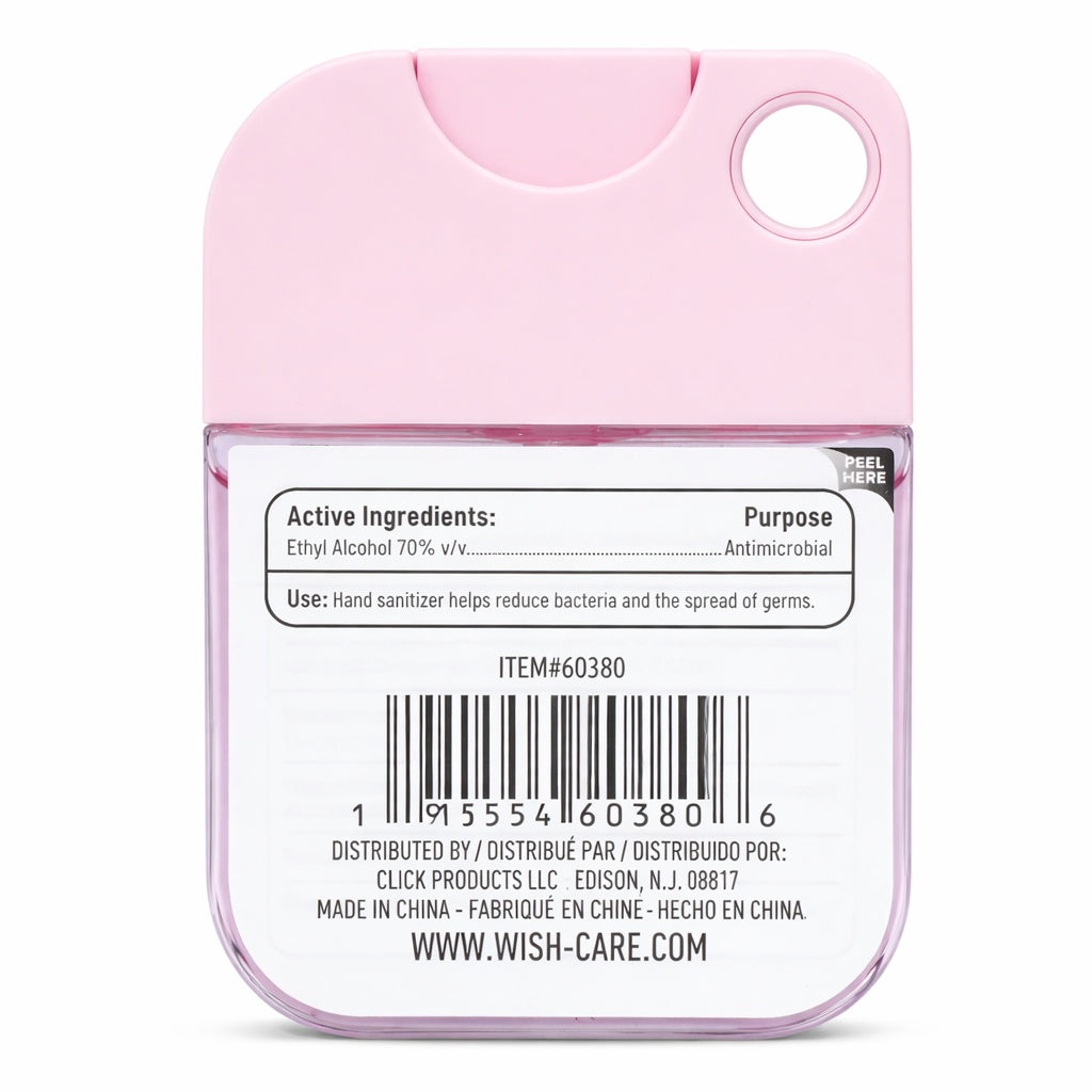 Pink hand sanitizer with label and barcode on a white background