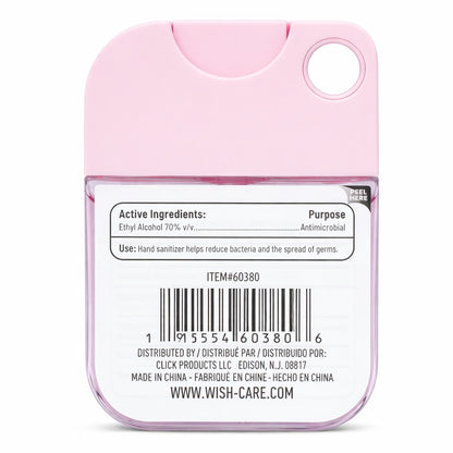 Pink hand sanitizer with label and barcode on a white background