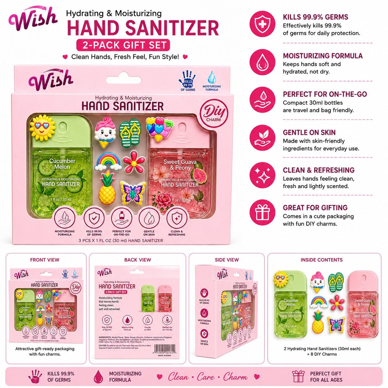 Wish hand sanitizer 2-pack gift set with packaging details and product images.