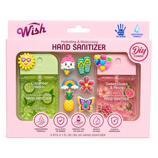 Packaging of Wish hand sanitizers with cartoon designs on a pink background