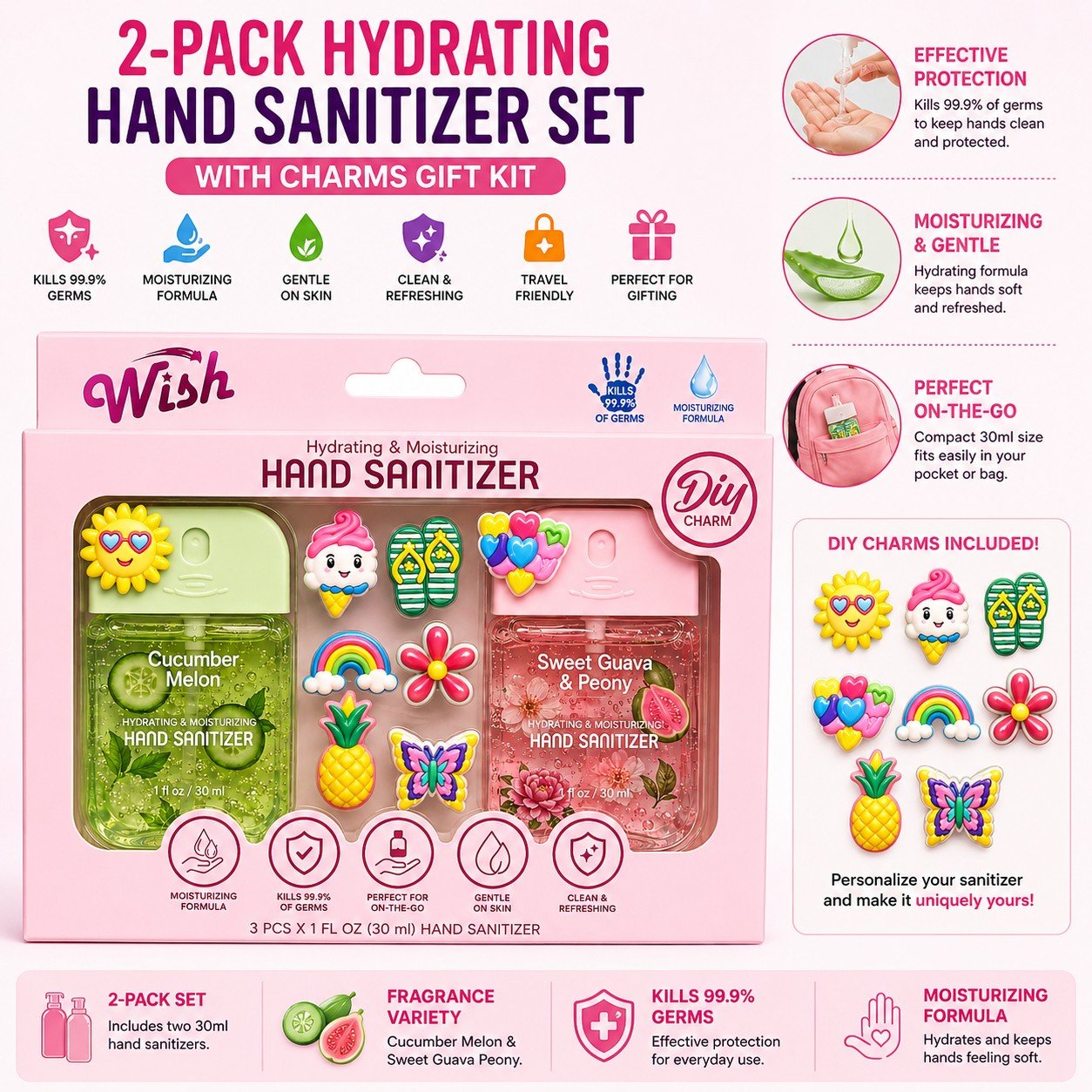 2-Pack Hydrating Hand Sanitizer Set with Charms Gift Kit by Wish