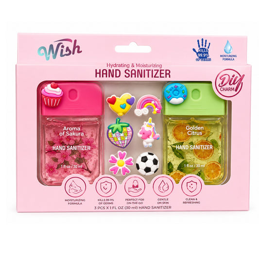 Hand sanitizer set with pink packaging featuring 'Wish' branding and two hand sanitizers.