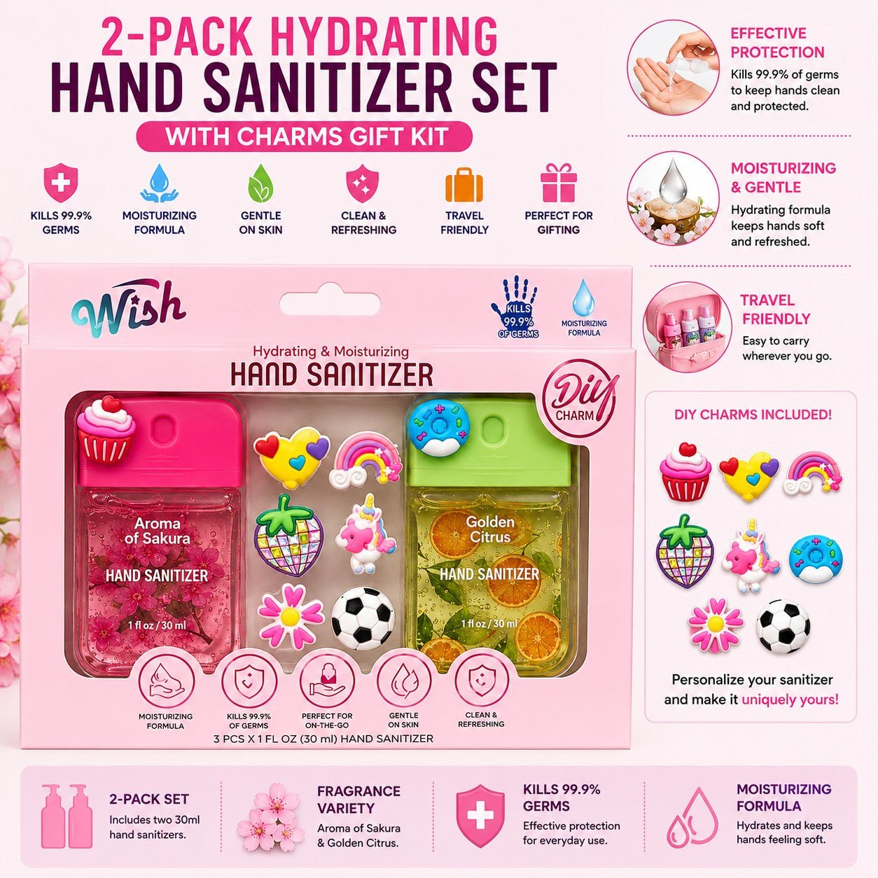 2-Pack Hydrating Hand Sanitizer Set with Charms Gift Kit by Wish
