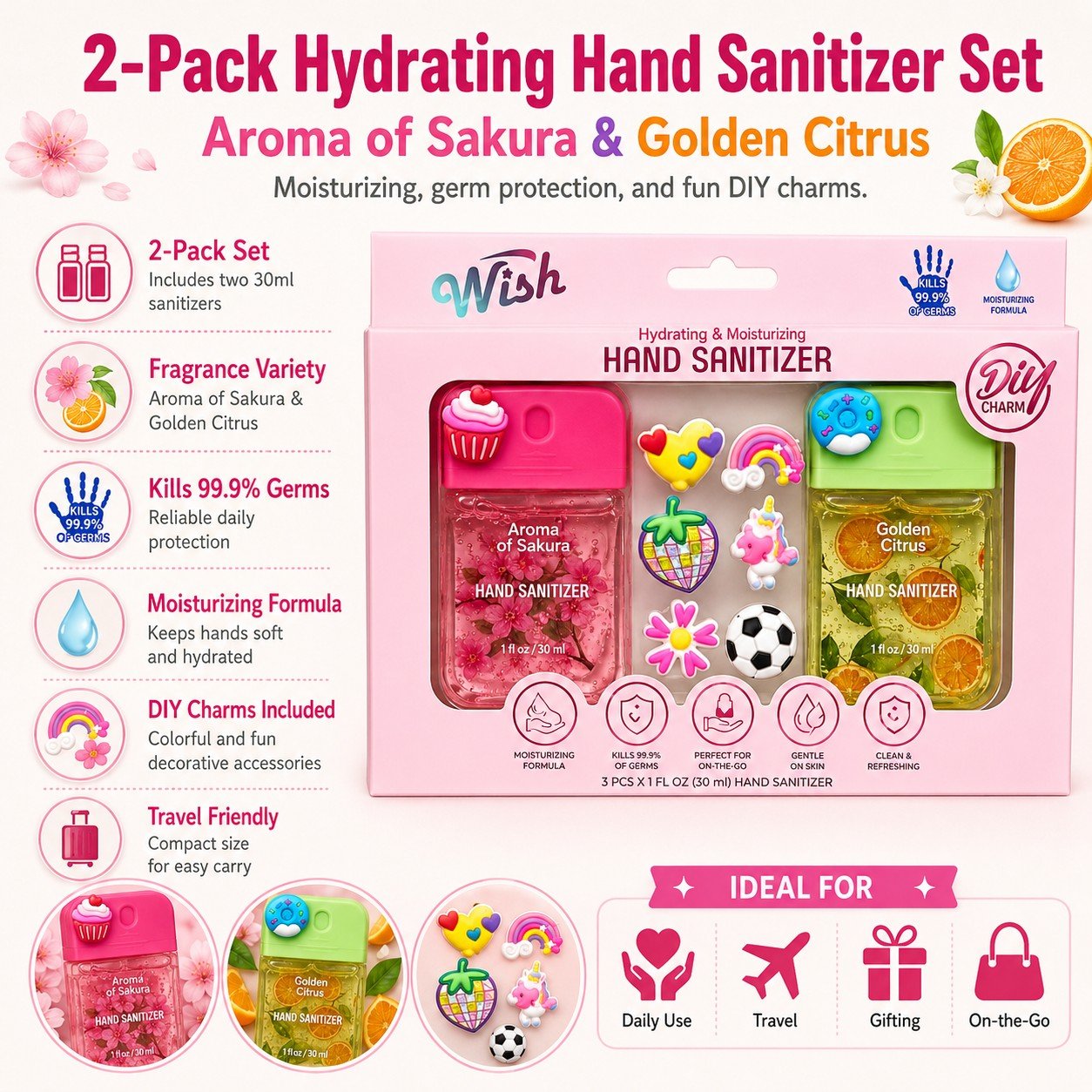 2-Pack Hydrating Hand Sanitizer Set with Sakura and Golden Citrus scents, including DIY charms, on a white background.