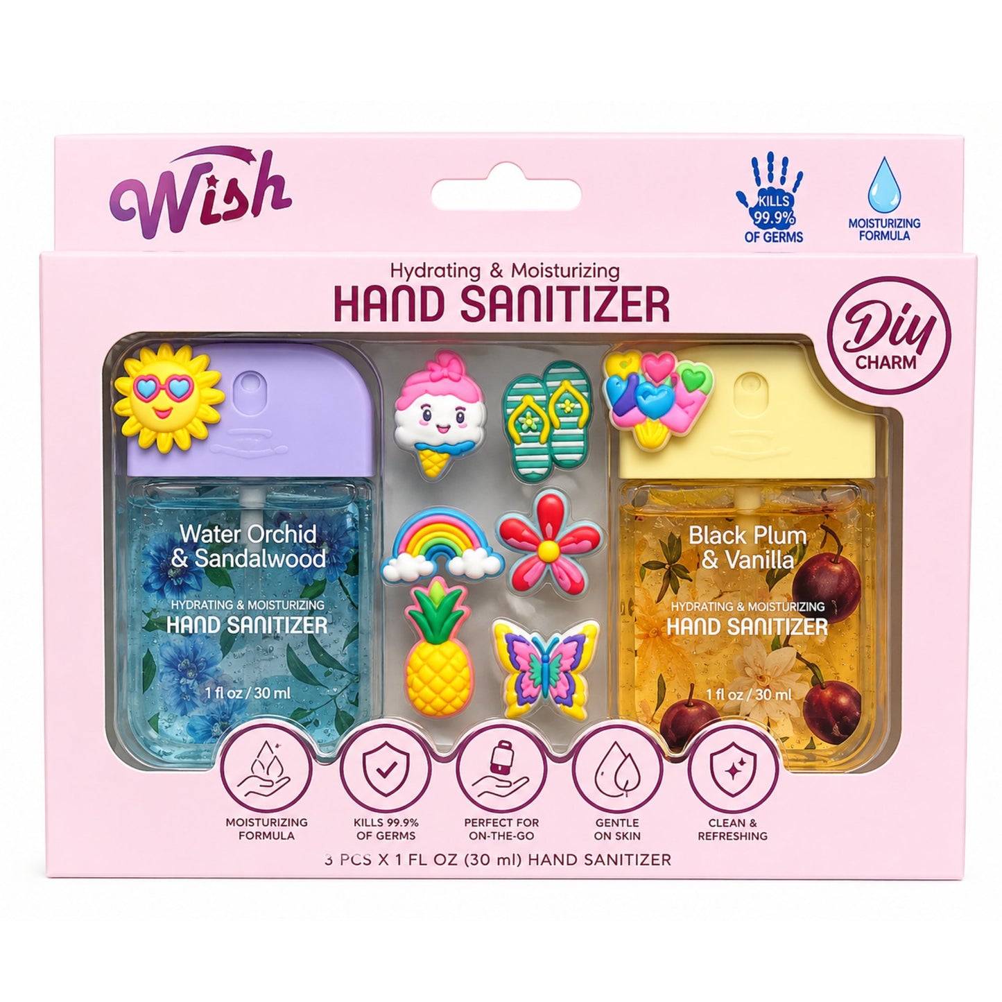 Hand sanitizer set with decorative packaging on a pink background