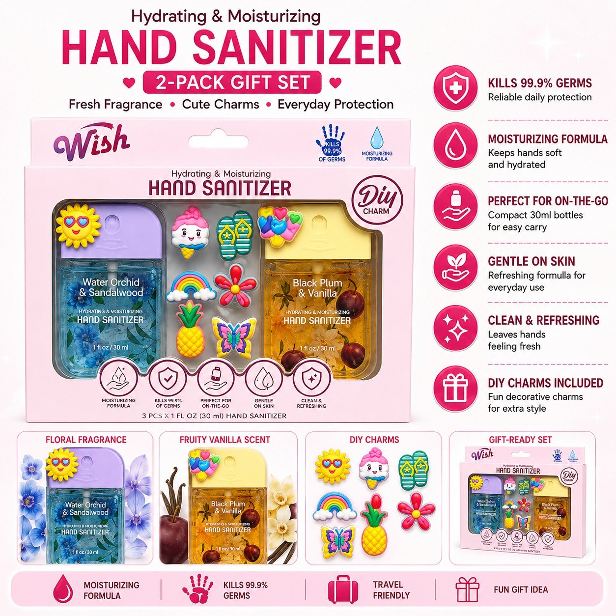 Hand sanitizer gift set with charms and product details on a white background