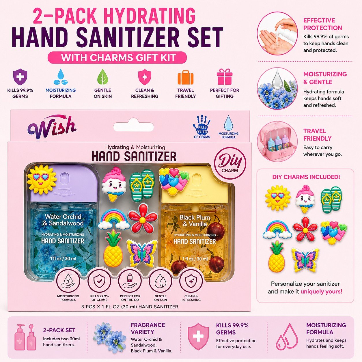 2-pack hydrating hand sanitizer set with charms gift kit by Wish
