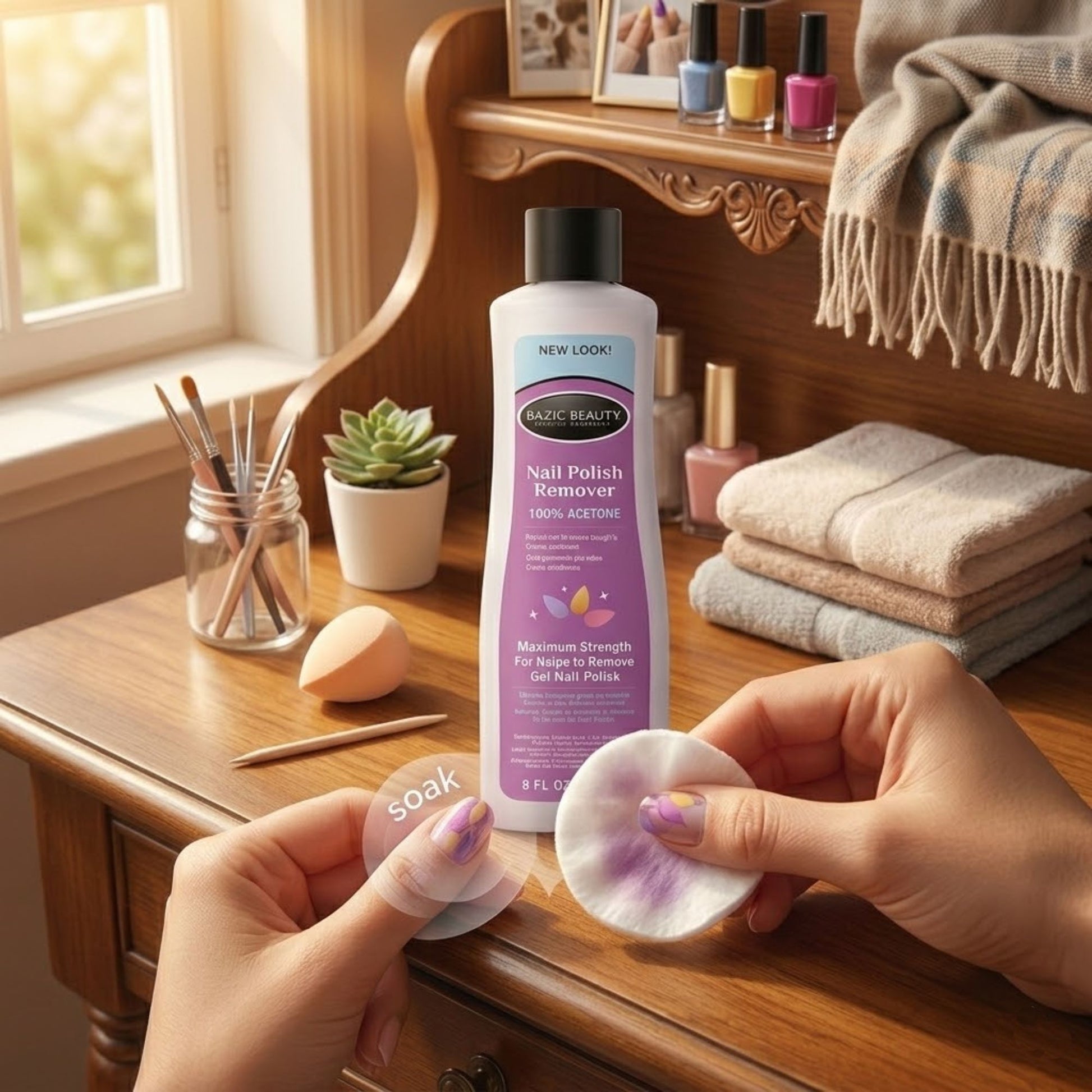 Person using Basic Beauty Nail Polish Remover with a cotton pad on a wooden desk.