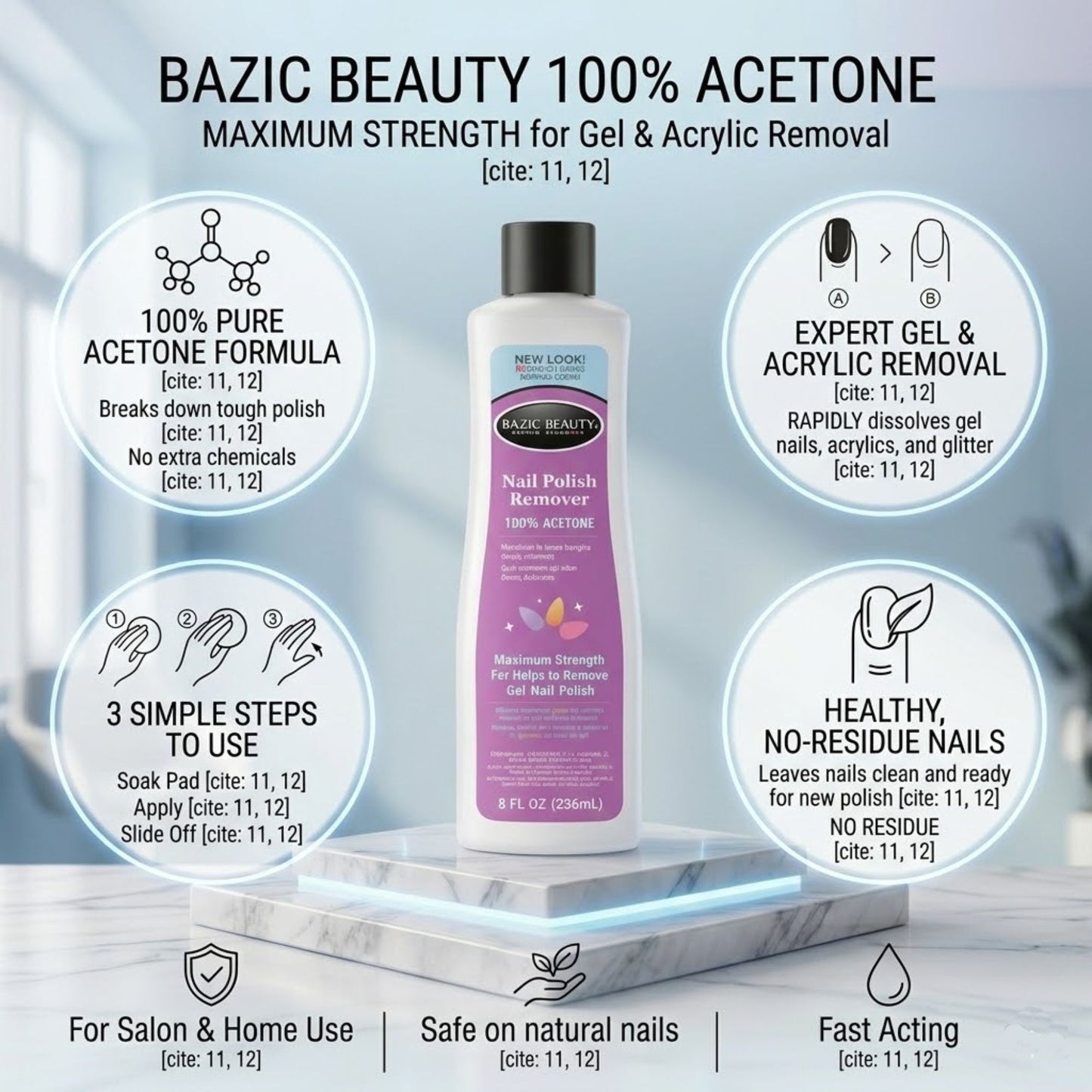 Bazic Beauty 100% Acetone nail polish remover bottle with features and benefits on a light background