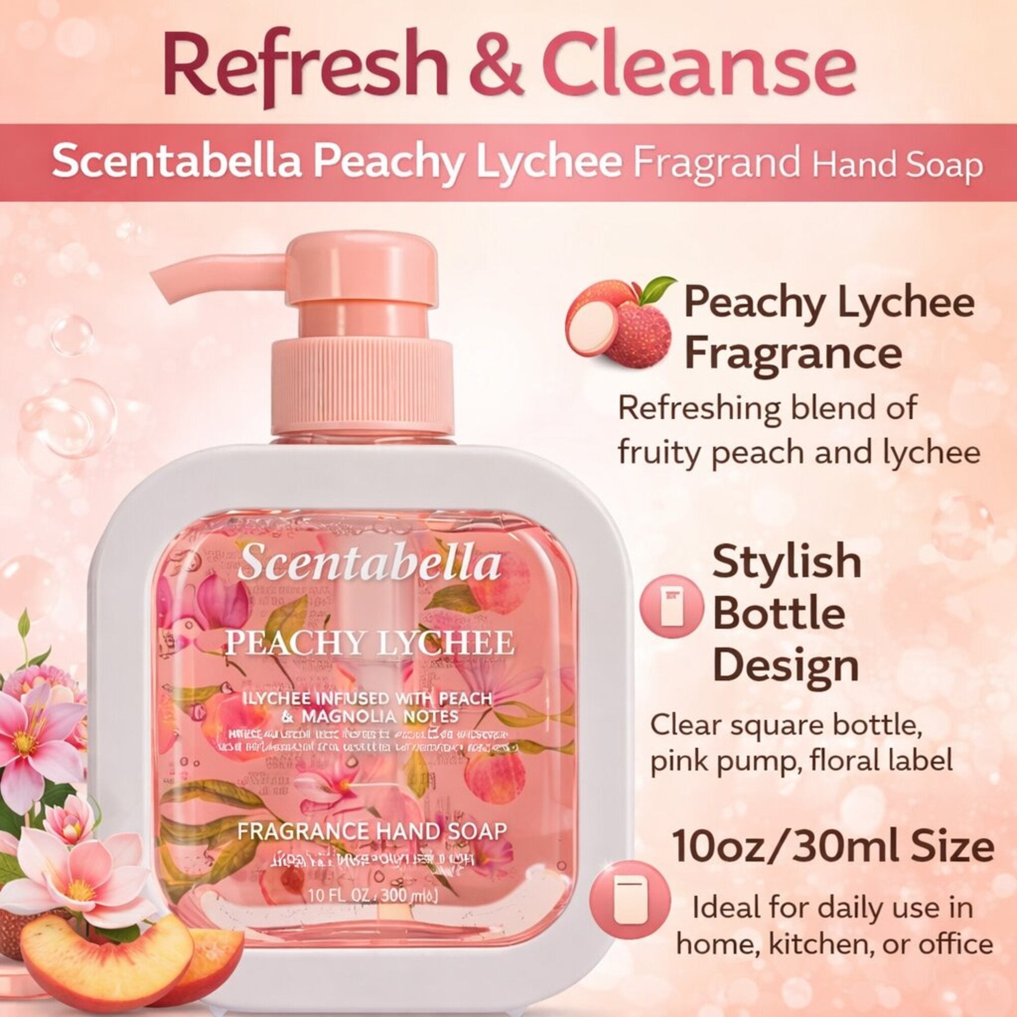 10 FL OZ Peachy Lychee Scentabella Scented Cleansing Hand Soap Liquid Hand Soap size and feature image