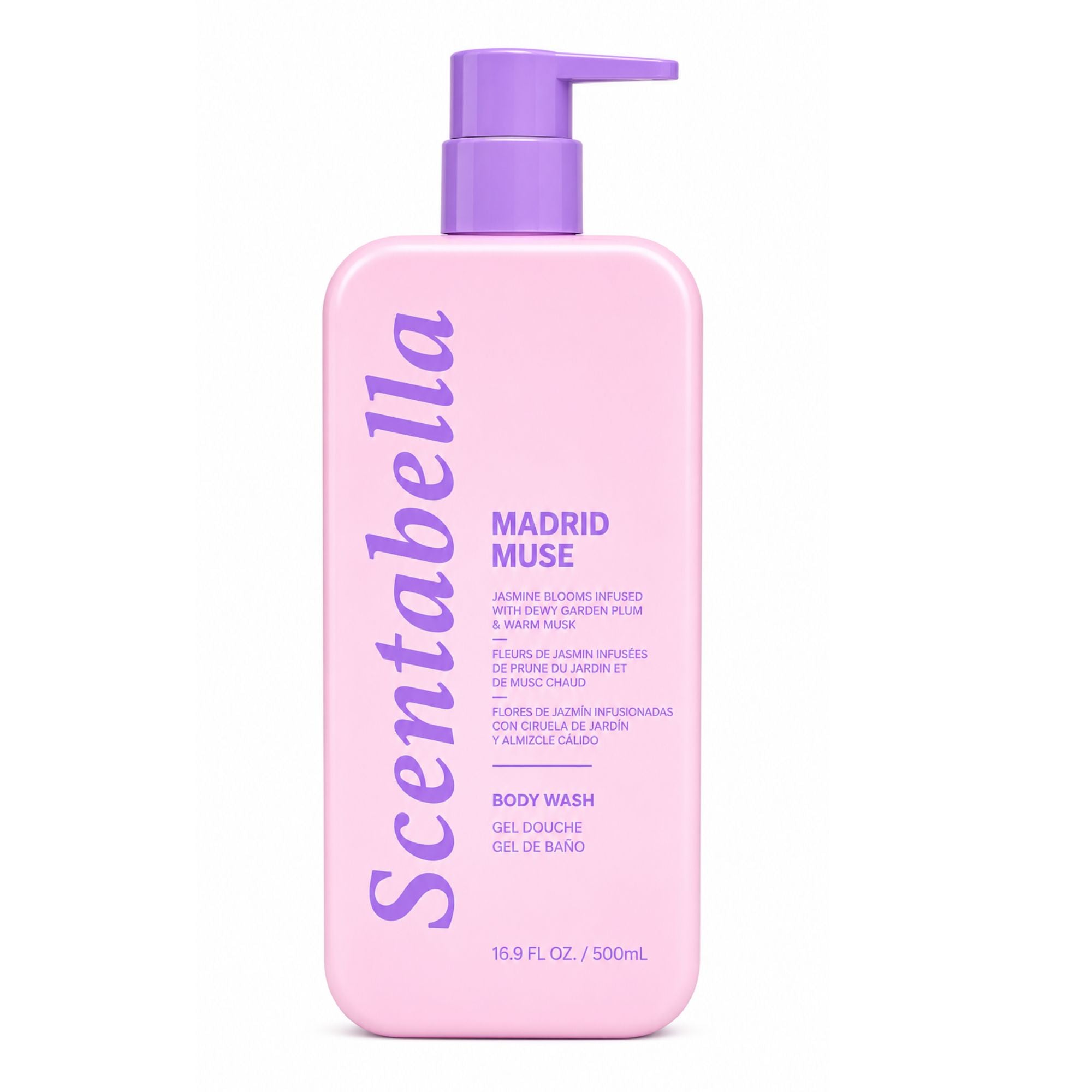 Scentabella Madrid Muse body wash with jasmine plum and warm musk in pink pump bottle