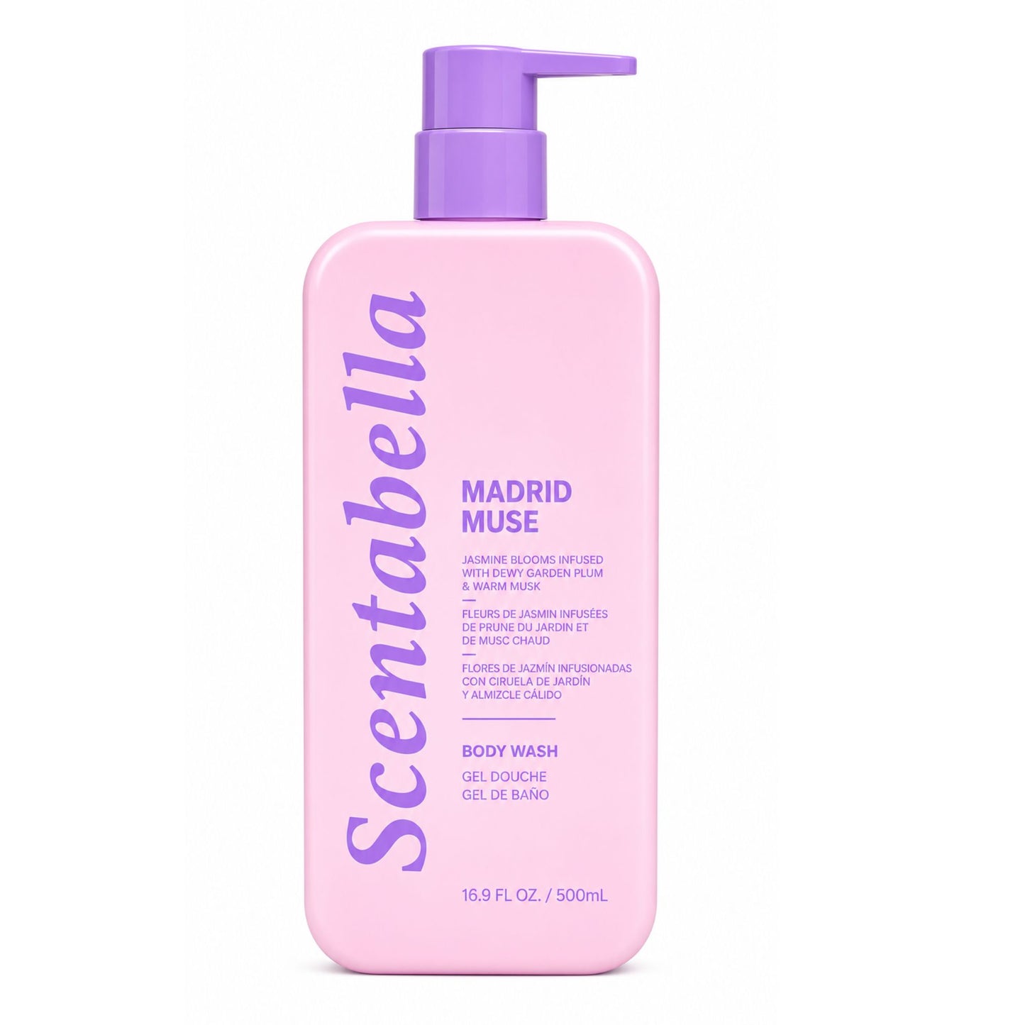 Scentabella Madrid Muse body wash with jasmine plum and warm musk in pink pump bottle