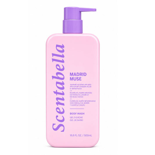 Scentabella Madrid Muse body wash with jasmine plum and warm musk in pink pump bottle
