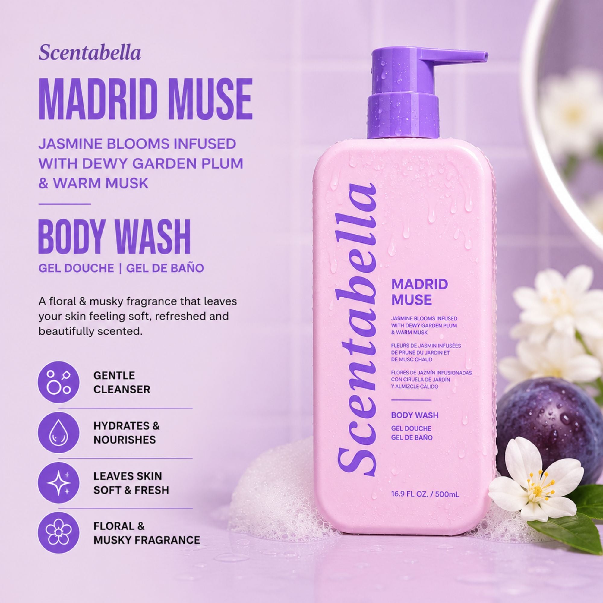 Scentabella Madrid Muse body wash with jasmine plum and warm musk in pink pump bottle